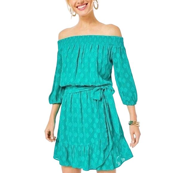 Lilly Pulitzer Dresses & Skirts - Lilly Pulitzer Off Shoulder Rochelle Dress Romper With Belt Water Lily Green M